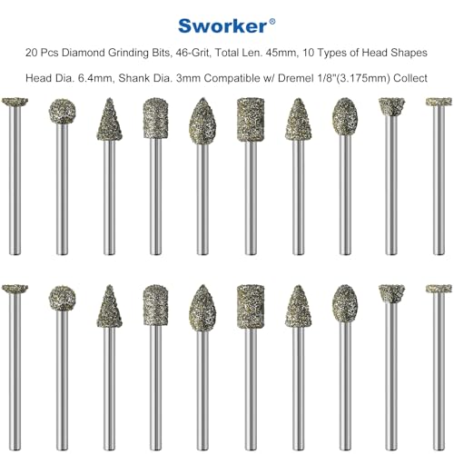 20Pcs 46-Grit Diamond Grinder Bit 1/8" Shank Compatible with Dremel Rotary Tool Attachment Accessories Grinding Burrs for Stone Glass Resin Porcelain Ceramic Quartz Glaze Steel Carve Engrave Polish - style: 46-grit