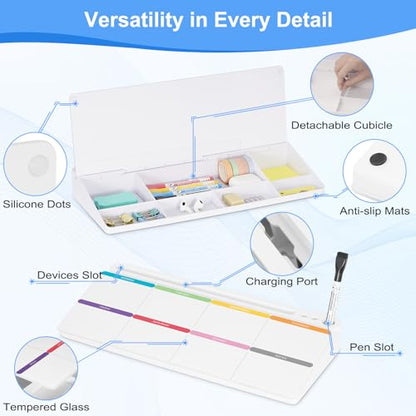 Desktop Glass Whiteboard with Storage, Weekly Calendar Desk White Board - color: Organizer-white Colourful Weekly Planner