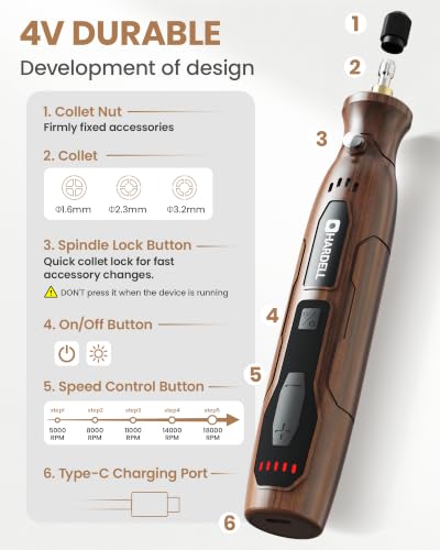 HARDELL Mini Cordless Rotary Tool Kit, 360 LED Light for 3D Print Finishing - color: Brown