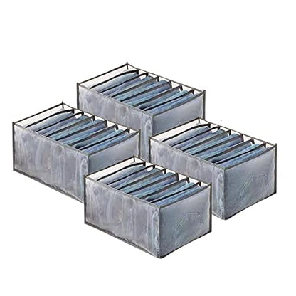 Wardrobe Clothes Organizer, 7 Grids Washable Portable Closet Organizer Mesh Separation Storage Box Foldable Closet Drawer Organizer for Underwear, Socks, Scarves, Jeans (Grey, 4 Jeans Grid) - size: 4 Jeans Grid