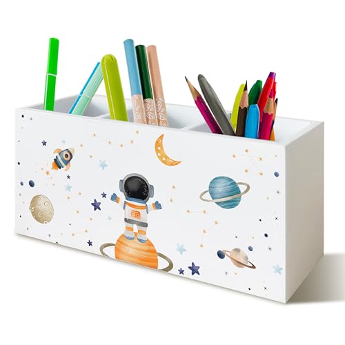 Space Pen Pencil Holder for Desk, Space Gifts for Kids, Galaxy Celestial Rocket Astronaut Wooden Signs Desk Organizer for Kids Boys Room Bedroom Classroom Decor - color: Space