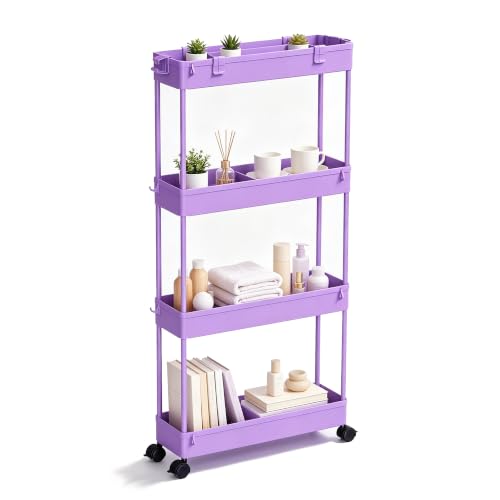SPACELEAD Slim Storage Cart 3 Tier,Bathroom Organizer Rolling Utility,Mobile Shelving Unit Slide Out for Office, Kitchen, Laundry Room & Narrow Places,Purple - color: Purple