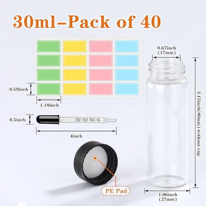 1OZ Clear Glass Vials with Lids 40pcs Small Bottle with Droppers & Lables - size: 30ml 40pcs