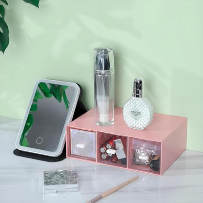 Desk Organizer 3 Drawers, Stackable Makeup Organizer, Small Toolbox - color: 1 Tall Layer & 3 Drawers, Pink
