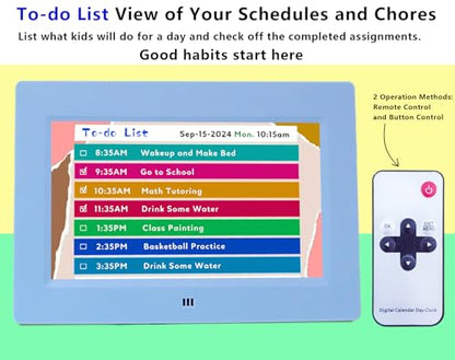 MASSII Digital Teaching Clock Talking Time, 24 Alarms Custom Reminders, Checklist to-Do List, Auto DST & Calendar Display, Sleep Trainer, Easy to Use for Kids Birthday Gift- Blue with Remote - color: Kids-blue