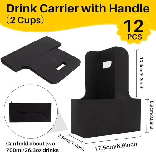 MAQIHAN 2 Cup Drink Carrier with Handle - Disposable Cardboard Cup Holder - color: Black