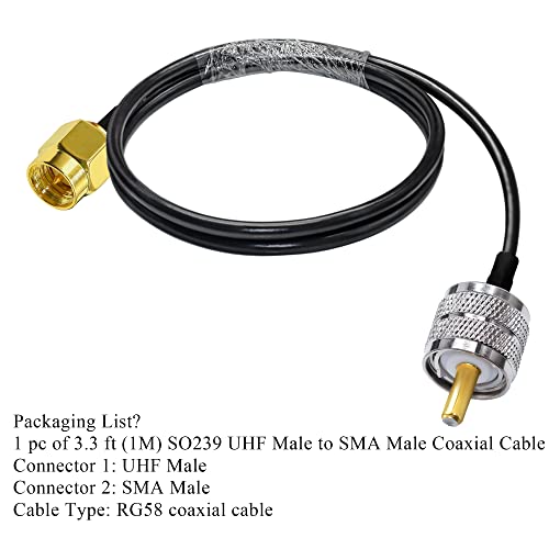 TUOLNK RG58 SMA to UHF PL259 Jumper Cable, 3.3ft(1M) SMA Male to SO239 Male Antenna Pigtail, Low Loss 50 Ohm Coax for CB & Ham Radio - size: 3.3ft