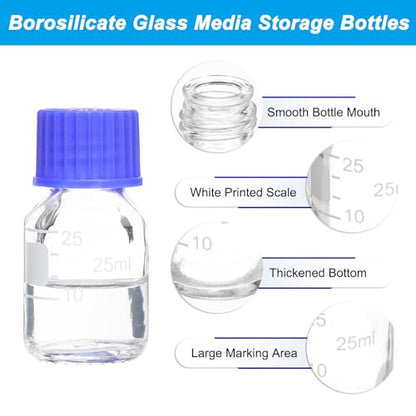 PATIKIL 10 Pack Reagent Media Storage Bottles, 25ml Borosilicate Glass Graduated Round Bottles with GL32 Blue Screw Cap for Lab Water Reagent Liquids, Clear - size: 25ml