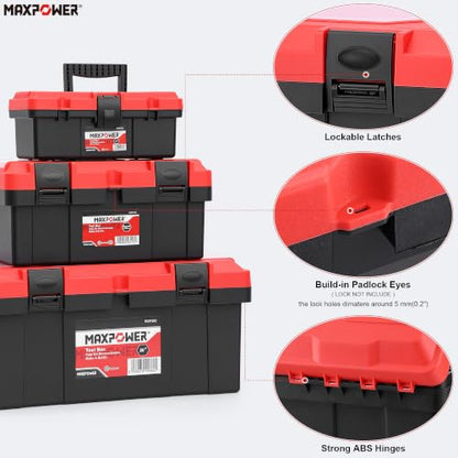 MAXPOWER 3-Pc Portable Plastic Tool Box Set 12" 16" 19", Lockable, Red - color: Red, size: 12" 16" 19"
