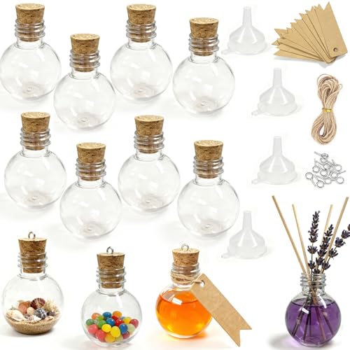 12 Packs 50 mL Mini Plastic Bottles with Corks, Small Potion Jars with 12 Eye Screws, 4 Funnels, Tags, Twines, Tiny Clear Vials, for Birthday Halloween Party Favor Decoration, DIY Crafts Gift - color: B