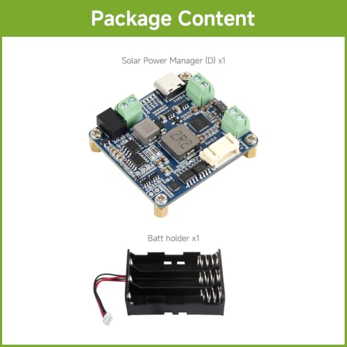 Waveshare Solar Power Manager Module (D), Solar Charge Controller USB, Supports 6V~24V Solar Panel and Type-C Power Adapter, 5V/3A Regulated Output, with Battery Holder (Batteries are Not Included)