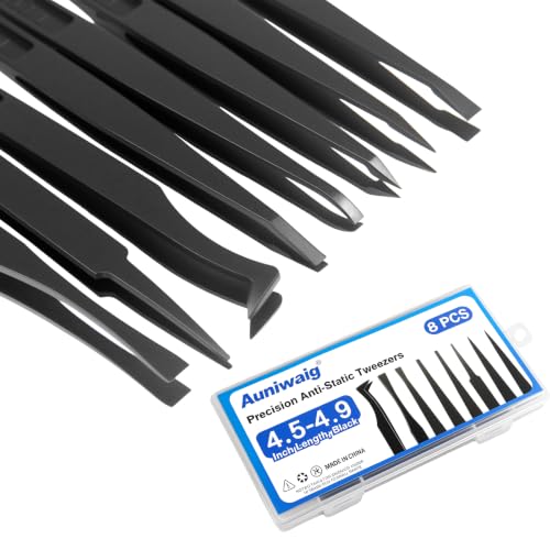 8PCS Precision Plastic Tweezers, Anti-Static Tweezers Set, Slant Flat Tip Tweezer Pointy/Curved Tips Tweezers for Electronics Assembly, Repair, Crafts Making (4.5-4.9 Inch, Black)