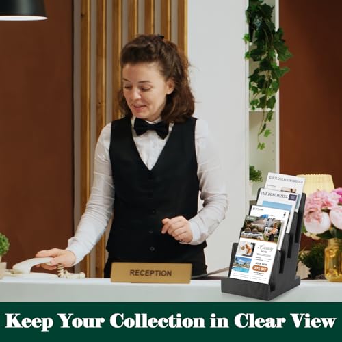 4 Tier Wood Brochure Display Stand 6 x 9 inch Black Brochure Holder Pamphlet Display Stand for 5.5 x 8.5 inch 5 x 7 inch Booklets Menus Postcard Holder Multi Purpose Organizer - color: Black Color Pine
