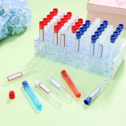 100Pcs Secret Tampon Flasks Lab Week Gifts Clear Plastic Test Tubes Shot with Racks Stickers 16x100mm Test Tube with Caps, Tubes Rack Plastic Tubes with Lids for Wedding Cruise Event Outdoor Sports