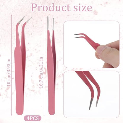Craft Tweezers Precision Tweezers Set, 4 PCS Multipurpose Straight and Curved Tip Tweezer Anti Static Stainless Steel of Tweezer for Electronics, IndustrialTweezer for DIY Jewelry Making, Rose Pink