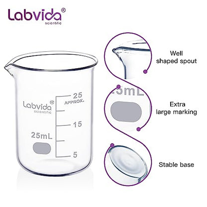 12pcs Glass Beakers Shot, Vol.25ml, 3.3 Borosilicate Glass, Griffin Low Form Lab Beaker Set with Printed Graduation, LVA001 - style: 12pcs of Vol.25ml
