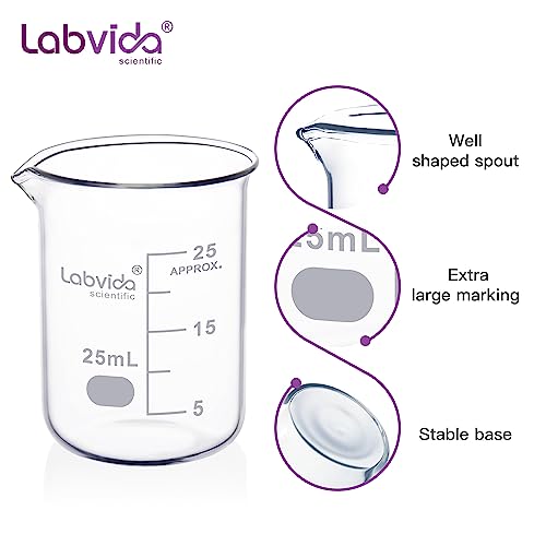 12pcs Glass Beakers Shot, Vol.25ml, 3.3 Borosilicate Glass, Griffin Low Form Lab Beaker Set with Printed Graduation, LVA001 - style: 12pcs of Vol.25ml