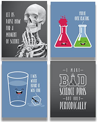 Govivo Science Pun Room Decor - Set of 4 Classroom Supplies - Nerdy Wall Art for Lab - Great Funny Gift For Science and Chemistry Lovers, Teachers and Students - 11x14 unframed print - size: 11" x 14"