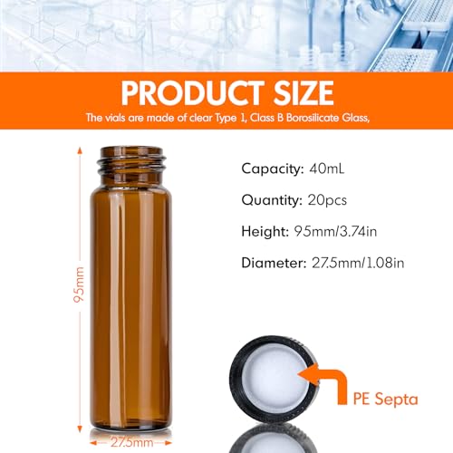 PEKYBIO 20 PCS 40ML Amber Liquid Sample Glass Vials with Screw Caps - size: 27.5*95mm 40ml Vial