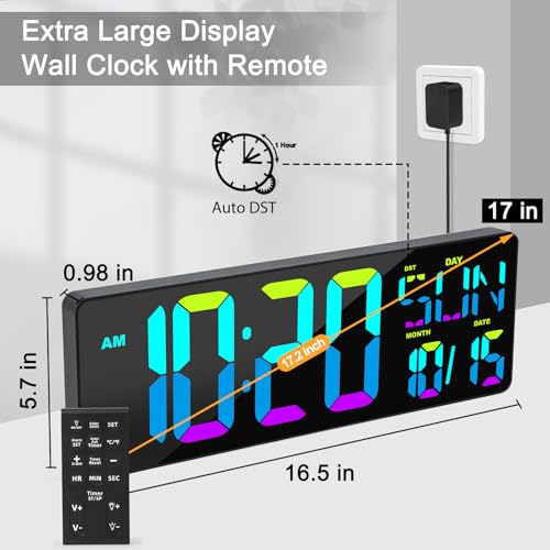 XREXS 17.2" Large Digital Wall Clock RGB Color Changing with Remote Control