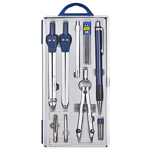 Unjoo 9Pcs Precision Geometry Set Metal Compass,Geometry Tool Set (Blue)