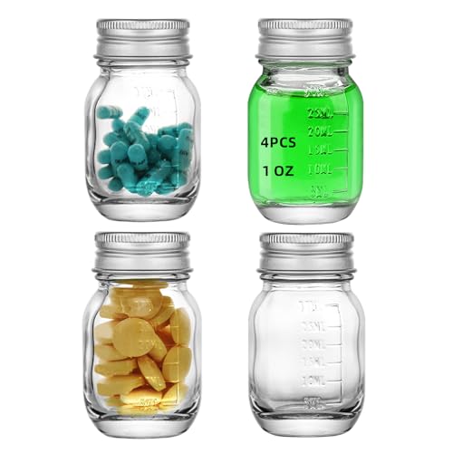 4Pcs Glass medicine bottles 1oz 30 ml Glass Reagent Bottles Transparent Sample Jar,Wide Mouth,Screw Cap with Scale for Home, Argent Lid (4)