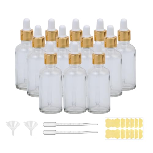 12 Pcs Glass Dropper Bottles with Eye Dropper Dispensers Lab Dropping Bottles with 2Pcs Long Pipettes 2Funnel and12 Label for Travel Cuticle Massage Essential Oils Perfume (Clear,1.75oz) - color: Clear, size: 1.7 Ounces