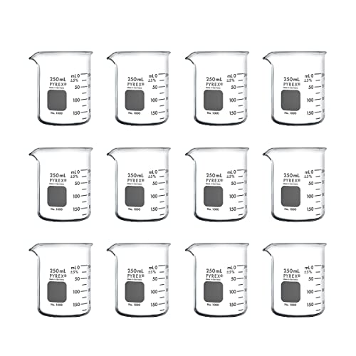 PYREX Griffin Borosilicate Glass Beaker- Low Form Graduated Measuring Beaker with Spout– Premium Scientific Glassware for Laboratories, Classrooms or Home Use - PYREX Chemistry Glassware, 250mL, 12/Pk - size: 250 mL