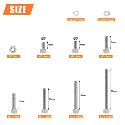 HELIFOUNER 560 Pieces M2 x 4mm /6mm /8mm /10mm /12mm /16mm /20mm, Hex Socket Head Cap Screws Bolts Washers Nuts Kit, 304 Stainless Steel - size: M2, style: Hex Socket Head Cap