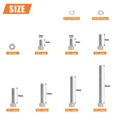 HELIFOUNER 560 Pieces M2 x 4mm /6mm /8mm /10mm /12mm /16mm /20mm, Hex Socket Head Cap Screws Bolts Washers Nuts Kit, 304 Stainless Steel - size: M2, style: Hex Socket Head Cap