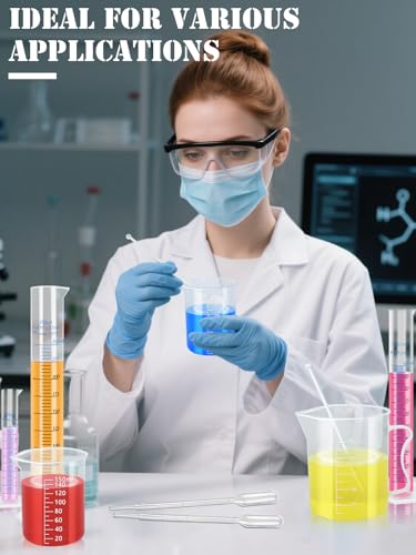 Artcome Plastic Graduated Cylinders and Beakers with 5 Pipettes, 10/25/50/100/250ml Cylinders, 10/25/50/100/150/250/500/1000ml Beakers, 5 Stirring Rods – Ideal for Science Lab, DIY, Halloween Decor