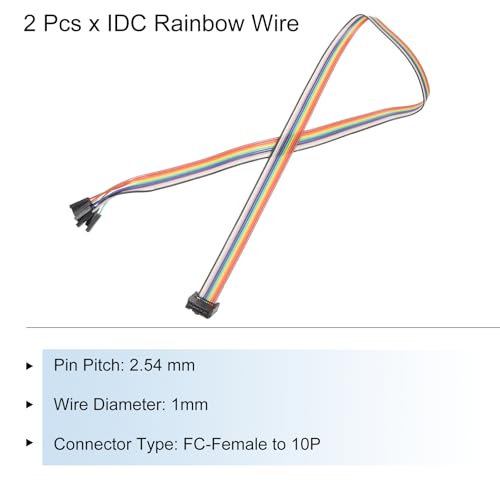 MECCANIXITY 2 Pcs IDC Rainbow Wire Flat Ribbon Cable FC-Female to 10P 19.6 Inch Length 2.54mm Pitch Breadboard Jumper Wires for Electronic Projects - size: 19.6 Inch, style: 10 Pin