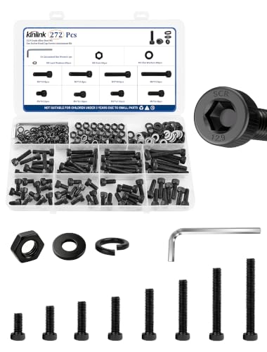 272PCS M5 Screw Assortment Kit, 12.9 Grade Alloy Steel Socket Head Cap Screws with Hex Nuts, Flat & Spring Lock Washers, Metric Bolt Set S4 Hex Key Included, Galvanized, 3D Printing Electronics Repair - size: M5 272pcs