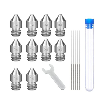Lokkr 3D Printer Stainless Steel Extruder Nozzles Set, 10PCS Stainless Steel 0.4MM MK8 Nozzles, 5PCS 0.4MM Nozzles Cleaning Needles with Wrench for Makerbot Creality CR-10/Ender 3/3 V2/3 S1/5 Prusa i3 - style: Stainless Steel Extruder Nozzles Set