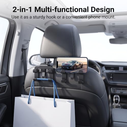 2 PCS Car Headrest Hooks, Multifunctional Heavy‑Duty Car Seat Back Hanger with Phone Holder, Auto Headrest Purse Bag Hook, Universal for Most Cars Front & Back Seats (Black)