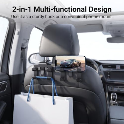 2 PCS Car Headrest Hooks, Multifunctional Heavy‑Duty Car Seat Back Hanger with Phone Holder, Auto Headrest Purse Bag Hook, Universal for Most Cars Front & Back Seats (Black)