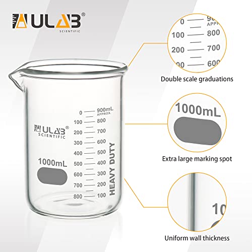 ULAB Heavy Duty Glass Beakers, Vol.1000ml (33.8oz), Borosilicate 3.3 Glass, Thick Wall Beakers, with Double Scale, Superior Durability & Chemical Resistance, UBG1064 - style: 1pc of Vol.1000ml