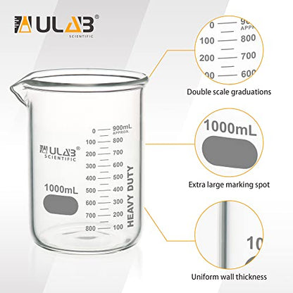 ULAB Heavy Duty Glass Beakers, Vol.1000ml (33.8oz), Borosilicate 3.3 Glass, Thick Wall Beakers, with Double Scale, Superior Durability & Chemical Resistance, UBG1064 - style: 1pc of Vol.1000ml