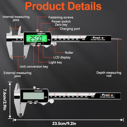 Preciva Backlight Digital Caliper,6inch IP54 Waterproof Rechargeable Electronic Micrometer with LCD Screen, Measurement Conversions for in/MM/F Precision Tool for DIY and Professional Use（Black） - color: Black