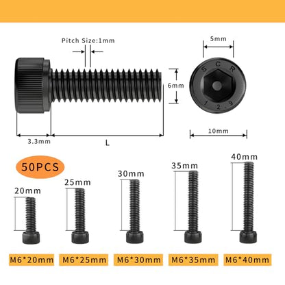 M6 x 20mm 25mm 30mm 35mm 40mm Hex Socket Head Cap Screws Bolts, 12.9 Grade Alloy Steel, Black Oxide Finish, Fully Threaded, Metric Allen Hex Drive, Assortment Kit 50Pcs - size: Hex Socket Head M6x20, 25, 30, 35, 40mm(50pcs)
