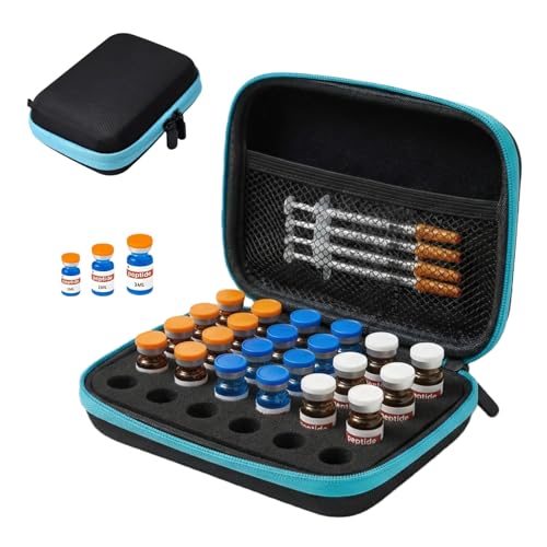 Peptide Vial Case for Fridge,30 Slots Insulin Fridge Holder Storage Case – Fits 1-3ml Vials for Peptide, Insulin and GLP-1 Storage, Portable with Wrist Strap & Mesh Pocket,Black and Blue Zipper - color: Blue