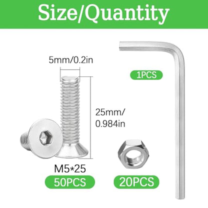 70Pcs M5x25mm Stainless Steel Screws Assortment Kit - 50 Flat Head Allen Bolts, 20 Nuts, Full Thread Countersunk Fasteners for Furniture & DIY Projects - size: M5x25mm-70Pcs