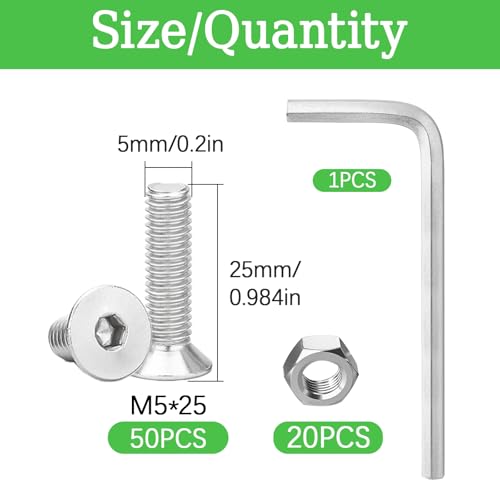 70Pcs M5x25mm Stainless Steel Screws Assortment Kit - 50 Flat Head Allen Bolts, 20 Nuts, Full Thread Countersunk Fasteners for Furniture & DIY Projects - size: M5x25mm-70Pcs