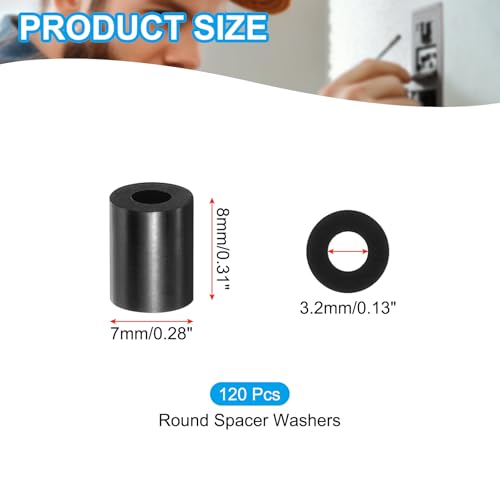 PATIKIL M3 Black ABS ID 3.2mm,OD 7mm,Length 8mm, Nylon Round Spacer Washers, 120Pcs Plastic Standoff Rubber Nut Unthreaded for M3 Screws Electrical Outlet Switch Receptacle - size: 3.2mm x 7mm x 8mm
