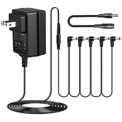JOYO 12V 1.5A DC Power Supply Adapter for Keyboard, Digital Piano, Guitar Pedals, Mini Amplifier AC Wall Charger Includes 5-Way Daisy Chain Cables & Reverse Polarity Cable (Tip Negative) - size: 12V1500mA