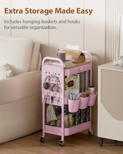 ALVOROG 3 Tier Metal Rolling Cart with Drawer,Wood Top,Pegboards,Pink - color: Cherry Blossom Pink