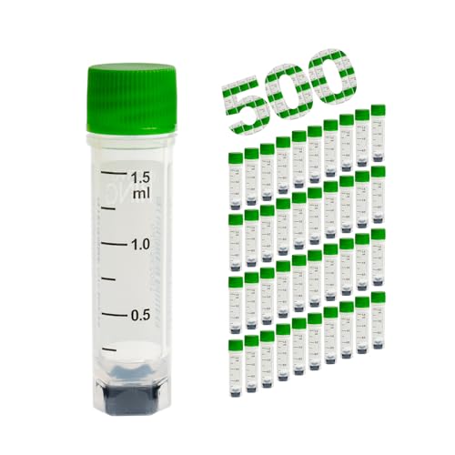 Multi-Coded Cryovials, 1.5ml Cryotubes, 500 Pcs Sample Vials, Sterilisation Tubes with Green Caps, Polypropylene Lab Vials for Low Temperature Storage from -196°C to 121°C - color: Green, size: 1.5ml