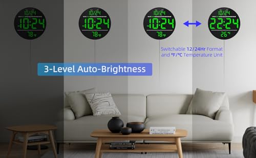 Digital Wall Clock with Large LED Display, Date, Temperature, Auto-Brightness | Small [PLUG-IN] Clock | Modern Electric Wall Clock for Bedroom, Classroom, Living Room, Home, Office, Farmhouse – Green - color: Green