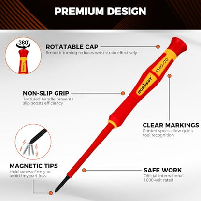 HORUSDY 12-Piece Precision Screwdriver Set, 1000V Insulated Electrician Screwdrivers with Magnetic Tips & Rotatable Top Cap, Phillips PH0/PH00, Slotted 1.8–3mm & Torx T5–T10 with Portable Storage Bag - style: 12-Piece Precision Screwdriver Set