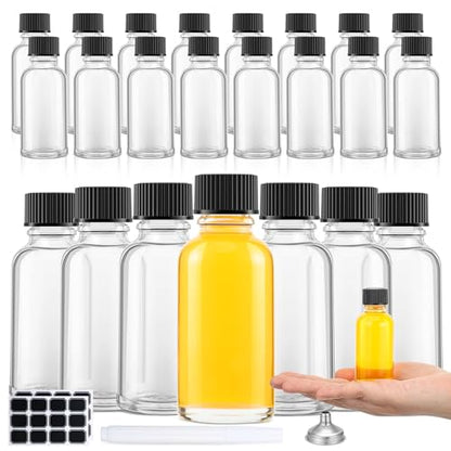 Hsei 24 Pcs 1 oz Glass Bottle with Black Cap Clear Boston Round Bottle
